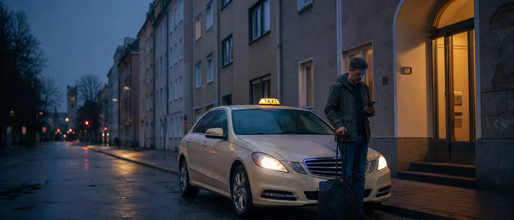 Fahrgast mit Reisetasche vor einem wartenden Taxi am frühen Morgen