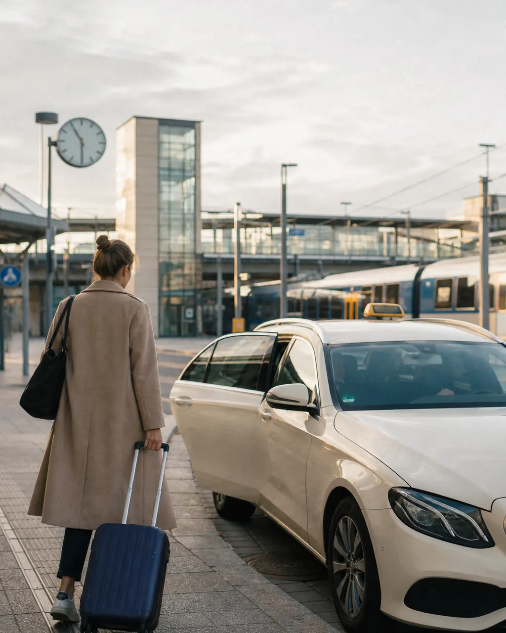 Reisende mit Koffer steigt am Bahnhof in ein Taxi